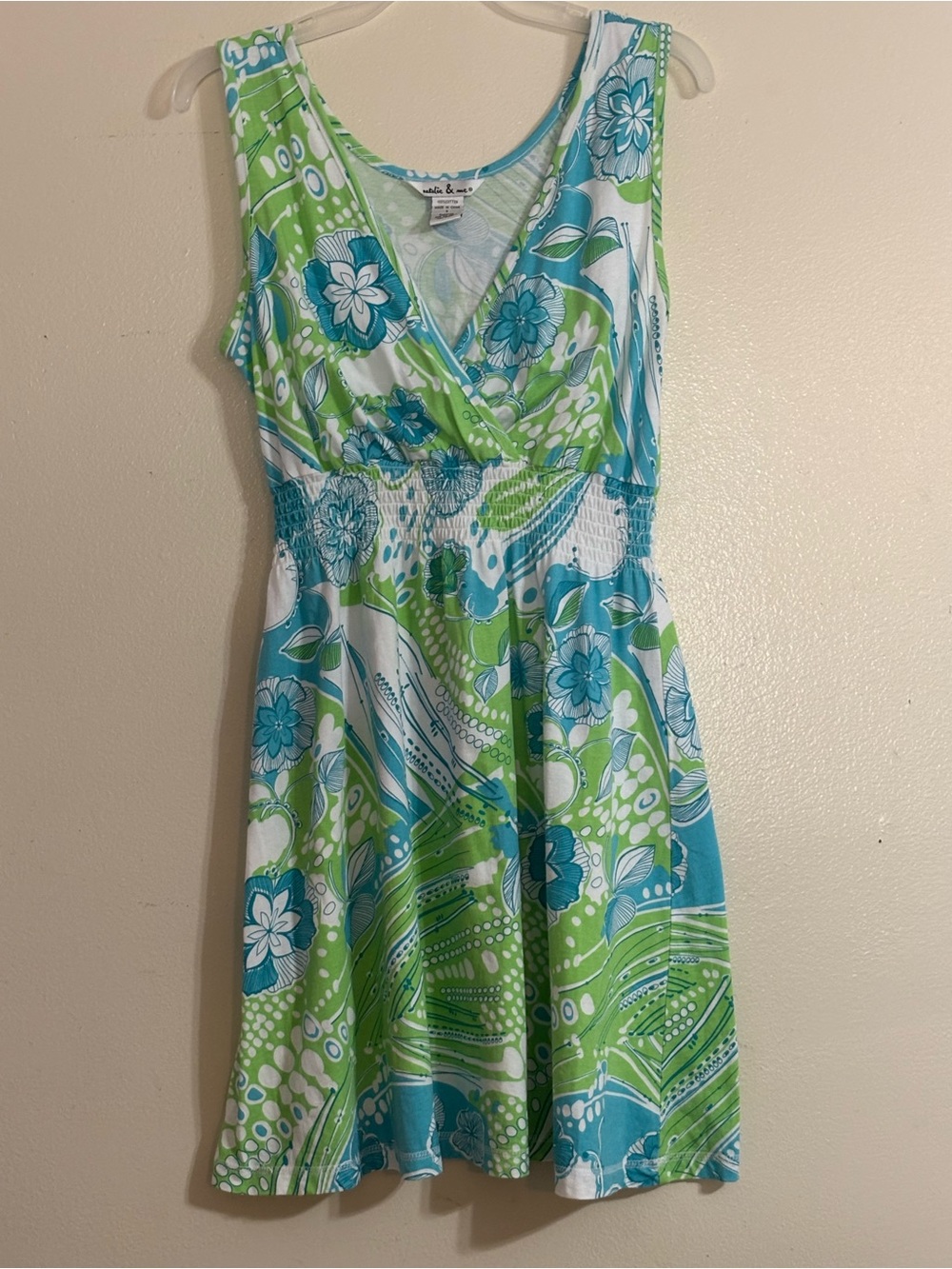 Sleeveless Floral Faux-Wrap Fit & Flare Dress in Teal & Lime S-M